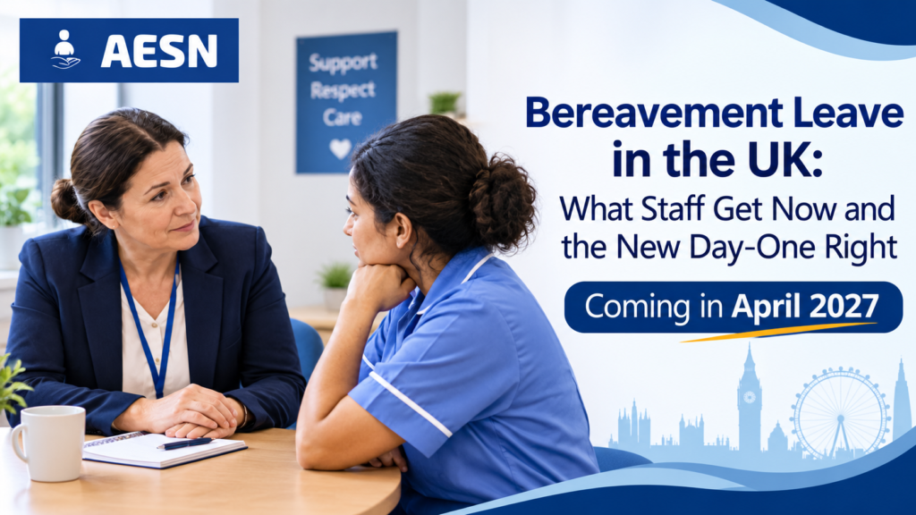 Care home manager talking with a care worker about bereavement leave in a quiet staff room