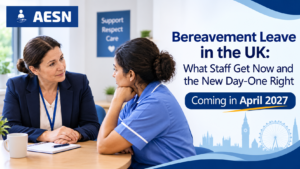 Care home manager talking with a care worker about bereavement leave in a quiet staff room