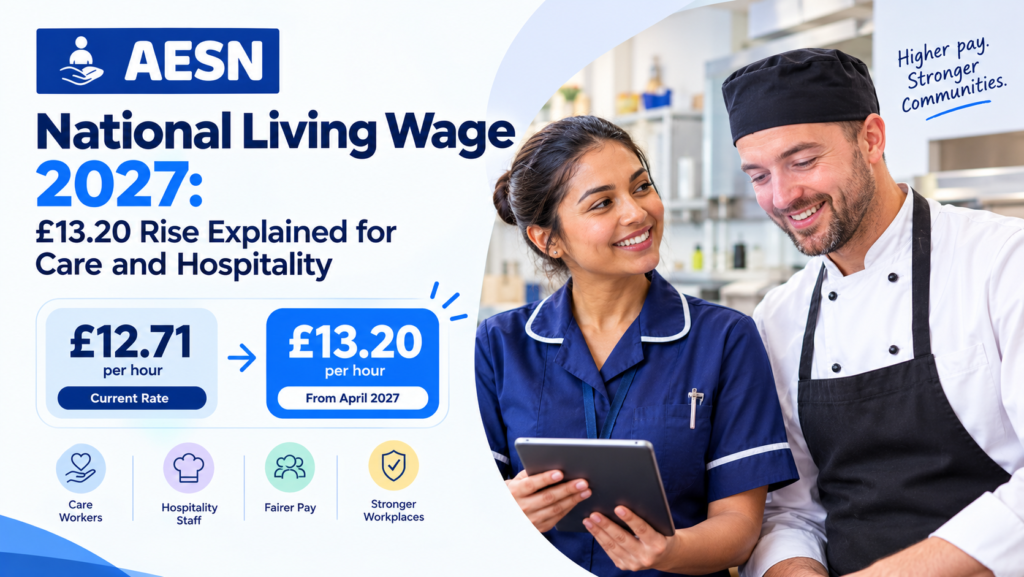 Care worker and chef with graphic showing the National Living Wage rising from £12.71 to £13.20 in April 2027