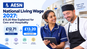 Care worker and chef with graphic showing the National Living Wage rising from £12.71 to £13.20 in April 2027