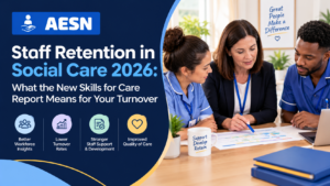 Care home manager reviewing a staff rota with two care workers to improve staff retention in social care