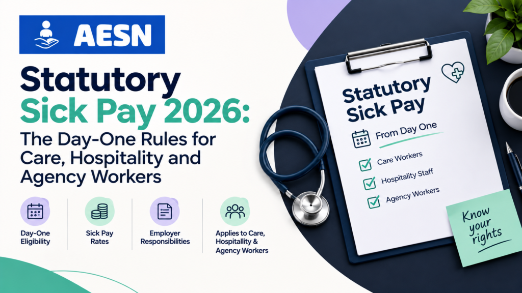 Care worker and chef next to a calendar marking the first day of sick leave, illustrating statutory sick pay from day one in 2026