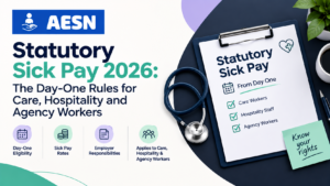 Care worker and chef next to a calendar marking the first day of sick leave, illustrating statutory sick pay from day one in 2026